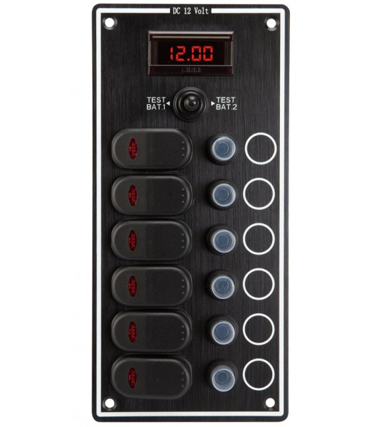12 V-os kapcsolótábla 6 kapcsolóval és digitális voltmérővel – 6 kapcsoló / voltmérő / 242 × 115 mm
