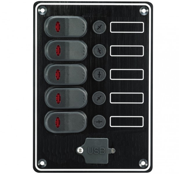 Kapcsolótábla 5 kapcsolóval és USB aljzattal, függőleges, IP65 – 5 kapcsoló / USB / függőleges