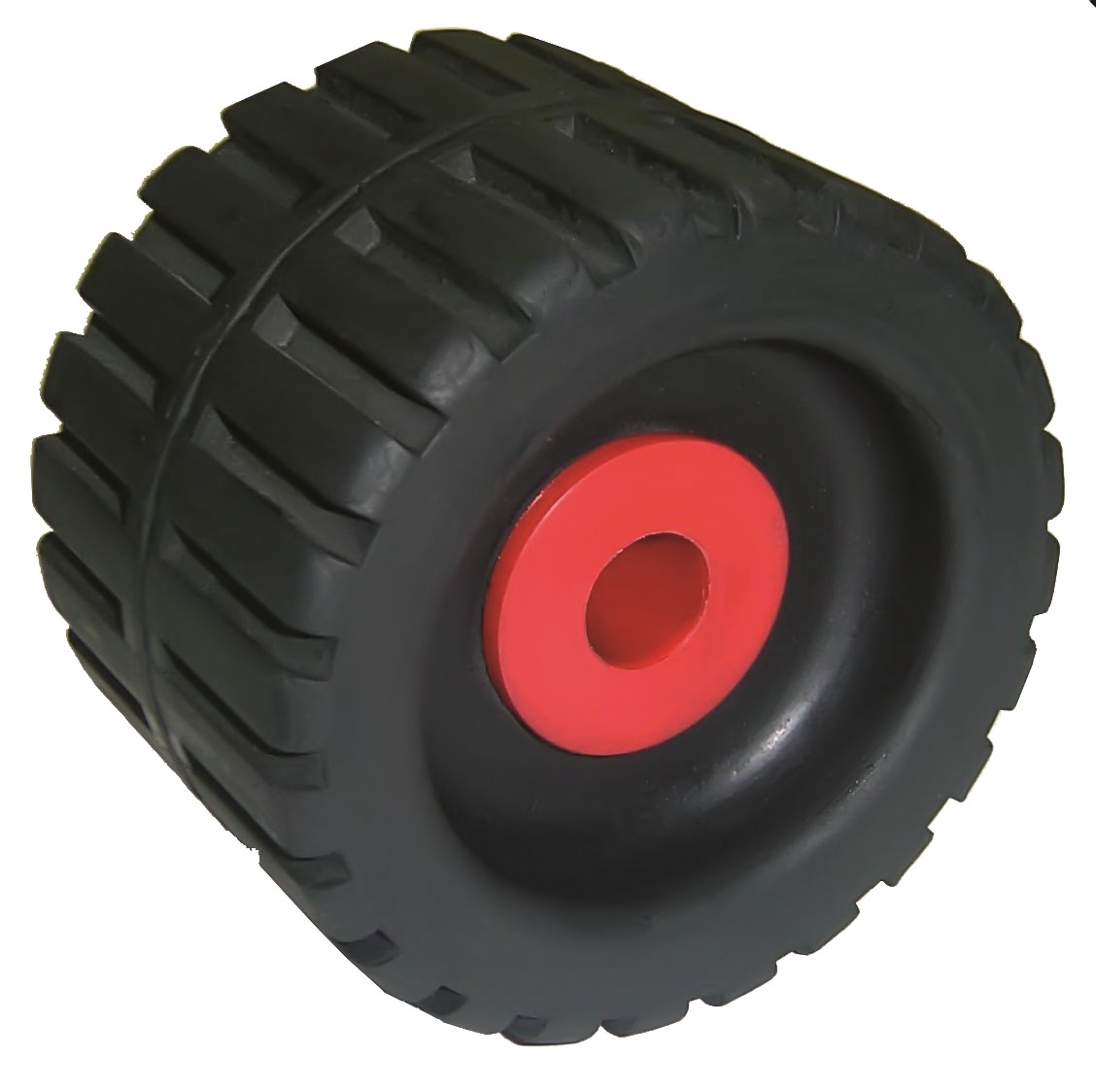 Oldaltámasztó görgő, bordázott, keménygumi – Ø110 mm, tengely Ø16 mm, 76 mm, műanyag persellyel