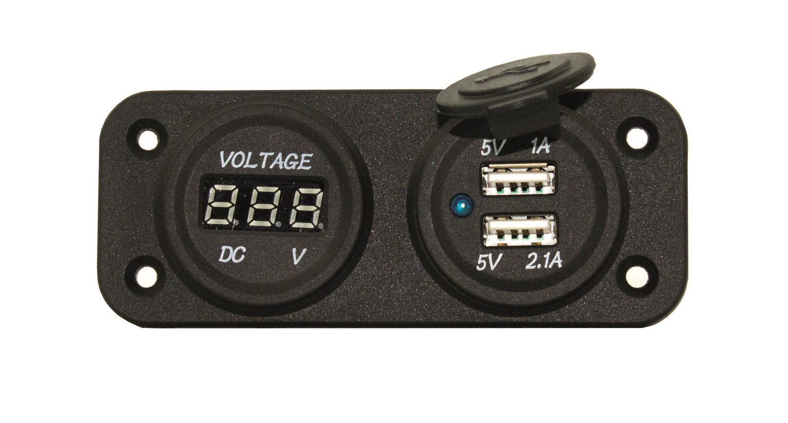 USB töltőpanel voltmérővel, 12 V, IP65 – 2×USB / voltmérő / IP65